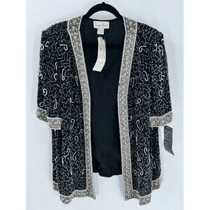 Vintage Laurence Kazar 100% Silk Beaded Open Front Short Sleeve Jacket Size 2X